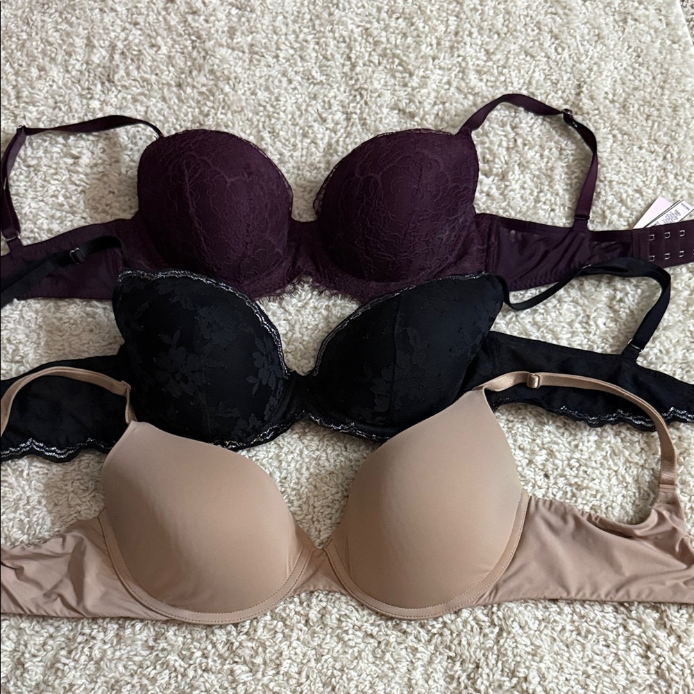 Victoria's Secret Lace and Smooth Bra Set - Purple, Black, and Tan